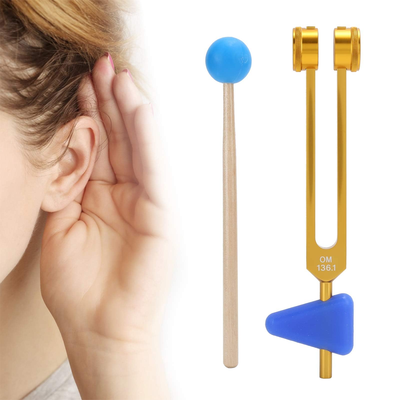Agatige Set Diapason, Diapason in Lega di Alluminio Om 136.1HZ, Diapason per Terapia Sonora con Martello e Custodia per Meditazione, Yoga e Altro(Oro)