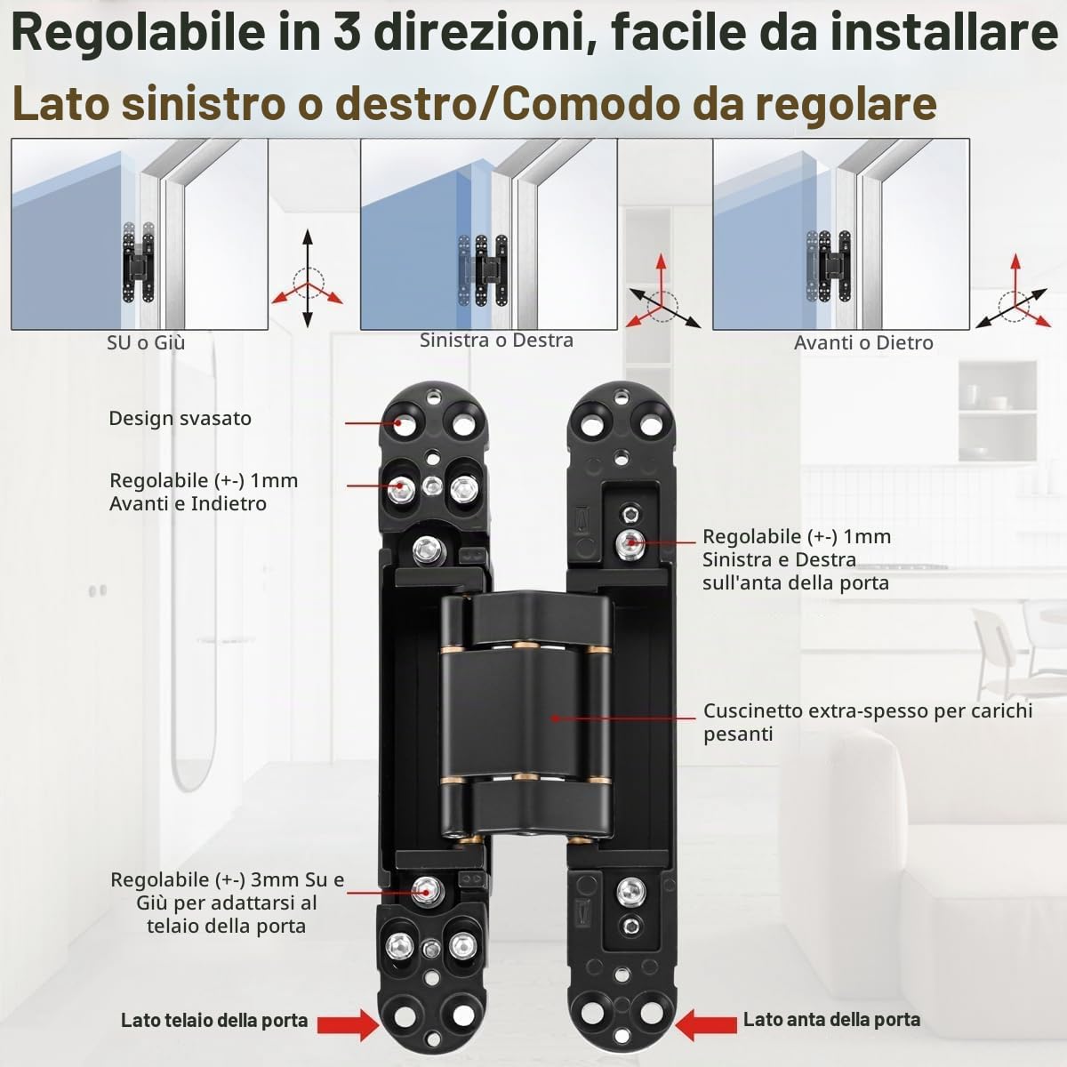 Cerniere porte scomparsa 180mm,invisibile pesanti, carico 80 kg | Cerniere per porte pieghevoli 3D con viti a chiave esagonale, apertura a 180º