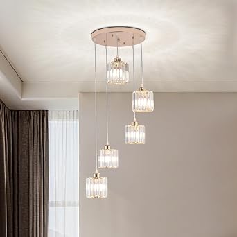 Crystal Pendant Lights Chandeliers for High Ceilings Modern Crystal Chandeliers Hanging Light Fixture Raindrop Drop Lamp for Dining Room Foyer Living Room Entryway Gold 5 Lights [Energy Class E]