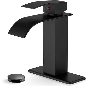 Matte Black Bathroom Faucet 1 Hole or 3 Hole 4 Inch, Brass Waterfall Faucet for Bathroom Sink, Modern Bathroom Faucets Single Handle with Deck Plate & Pop-up Drain Supply Hoses No Noise