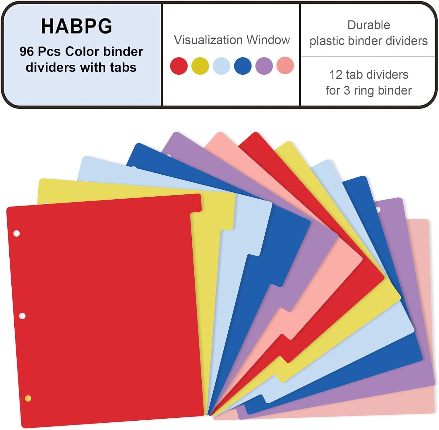 HABGP 12 Tab Dividers for 3 Ring Binder, 96 Pcs Multicolor 3 Ring Binder Dividers with Tabs, Page Folder Dividers, Plastic Tabbed File Dividers with Tabs, Three Ring Binder Index Dividers, 8 Set