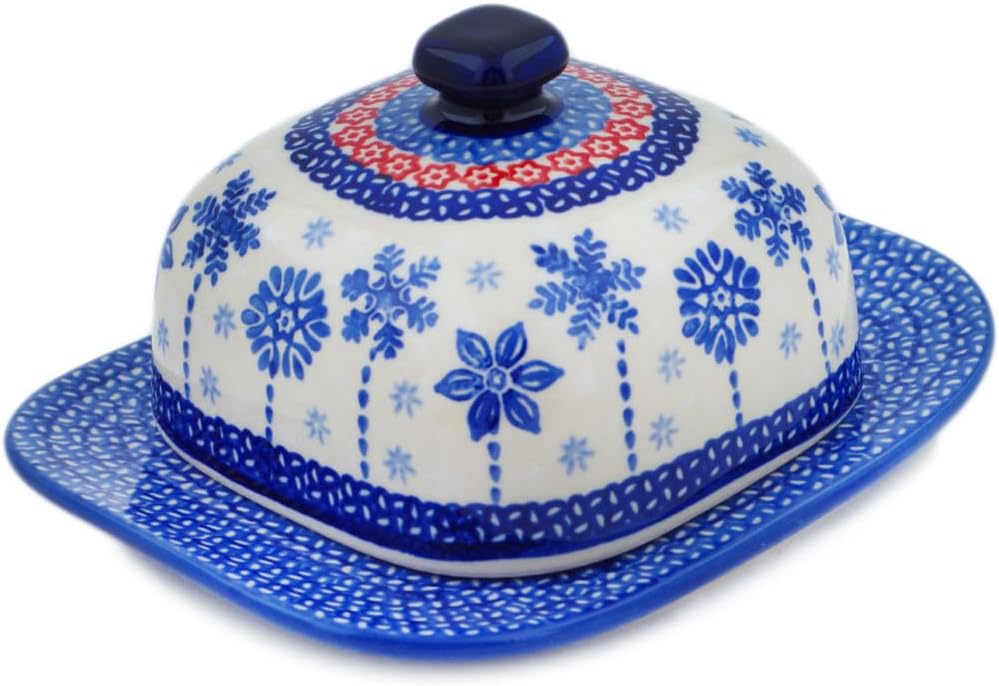 Polmedia Polish Pottery Butter Dish UNIKAT - Winter Sights Pattern Handmade in Boleslawiec Poland + Certificate of Authenticity