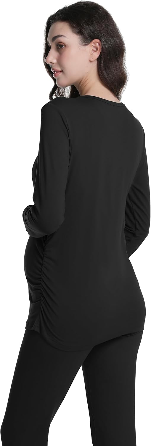 Maternity Shirts Long Sleeve Pregnancy Tee Top | Crew Neck, Stretchy, Ruched Side, Slim Cut, Casual, Basic Tops, Trendy Mama Clothes