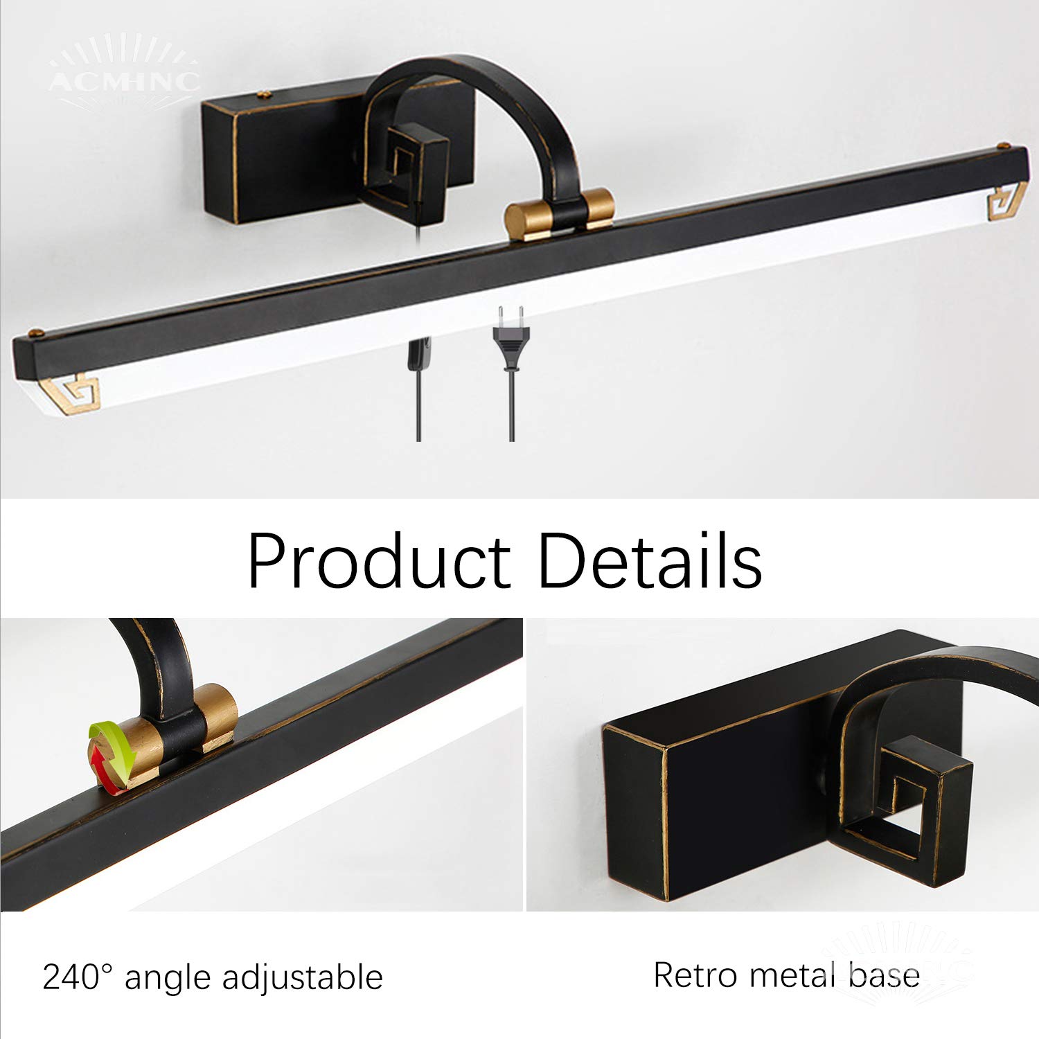 ACMHNC LED Badezimmer Spiegelleuchte Mit Stecker Und Kabel, IP44 Vintage Badleuchte Mit Schalter, Schwarz Antik Spiegellampe Bad Wandleuchte 4000K Schminklicht Für Spiegel Schminktisch,71cm/14w