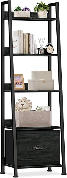 Furologee 5-Tier Ladder Shelf, Narrow Ladder Bookshelf with Drawer, 55.6”Tall Industrial Bookcase Storage Rack Organizer, Freestanding Storage Shelve for Living Room, Home Office, Bedroom, Black Oak