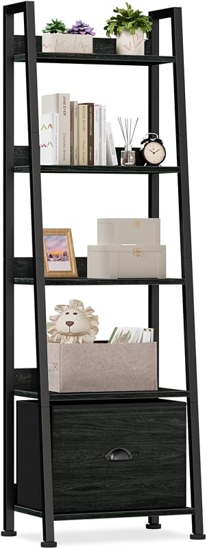 Ladder Shelf, 5 Tier Bookshelf with Fabric Drawer, Black Oak | 55.6'' Industrial Tall Narrow Shelf, Display Shelving Units, Wood Metal Storage Rack for Living room, Bedroom, Office