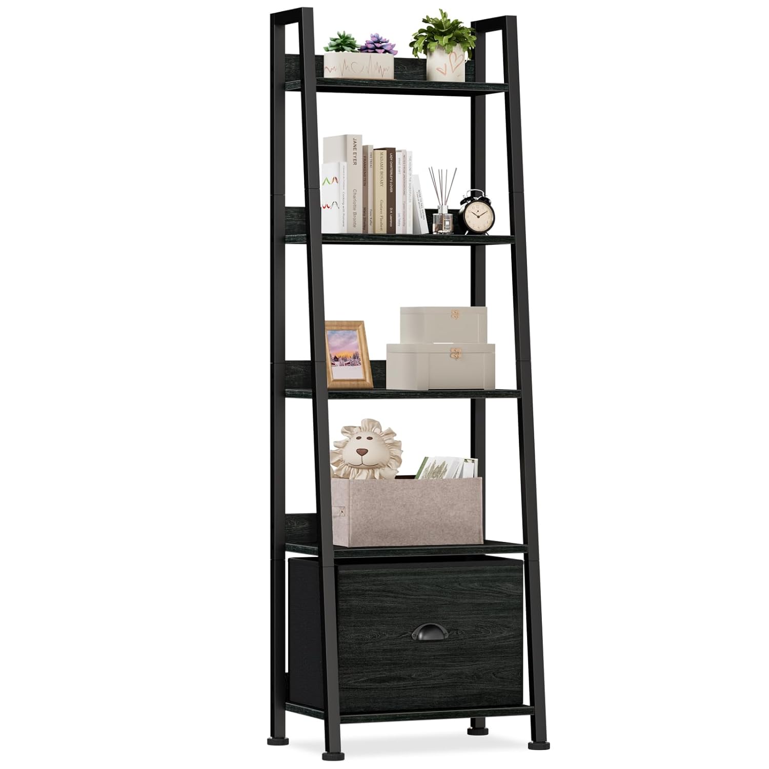 Furologee 5-Tier Ladder Shelf Narrow Ladder Bookshelf with Drawer 55 6 Tall Industrial Bookcase Storage Rack Organizer Freestanding
