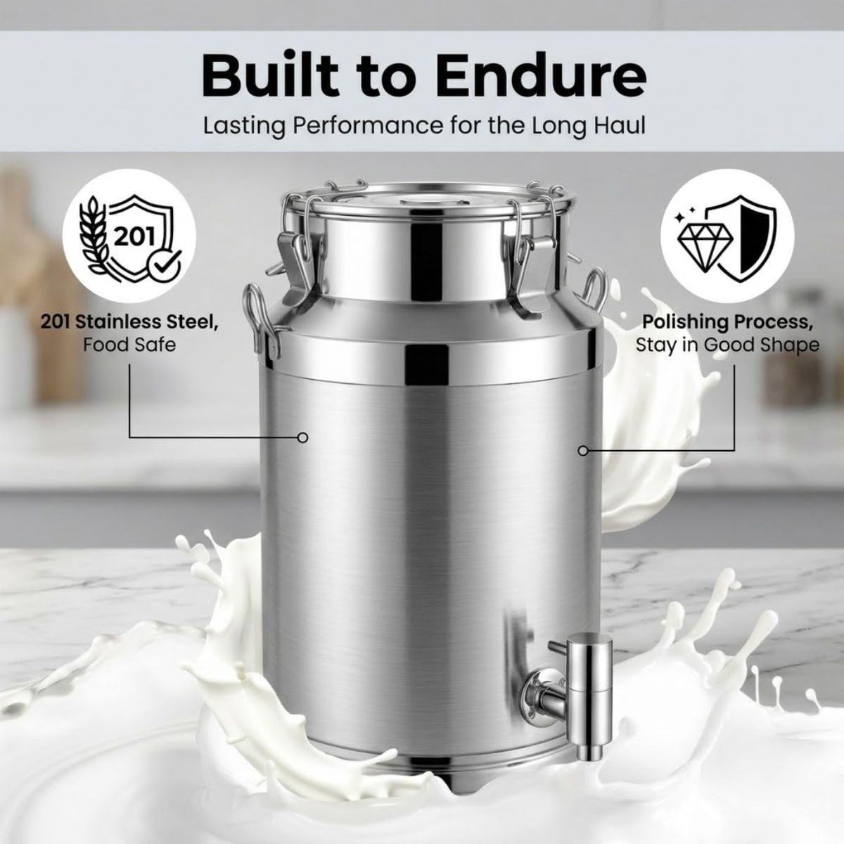 201 Acero Inoxidable Lechera Con Grifo Barril Cubo de Leche | 5-100L Recipiente Hermético Con Tapa para Almacenamiento de Vino Líquidos y Alimentos(With Spigot,68L)