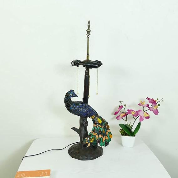 Tiffany Style 5-Lights Dragonfly Table Lamp Vintage Handmade Stained Glass Desk Lamp with Peacock Base for Living Room Bedroom Cafe Bar,Green