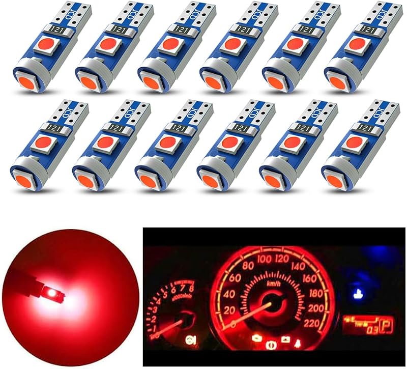 Lâmpadas LED T5 74 73 37 2721 Nanpoku para painel automotivo – 12 unidades vermelhas