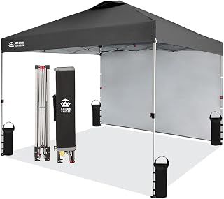 CROWN SHADES 10x10 Pop Up Canopy with 1 Side Wall - Beach Tent with One Push Setup - Outdoor Sun Shade for Events, Parties, Camping - Gazebo with STO-N-Go Cover Bag (Grid Grey)