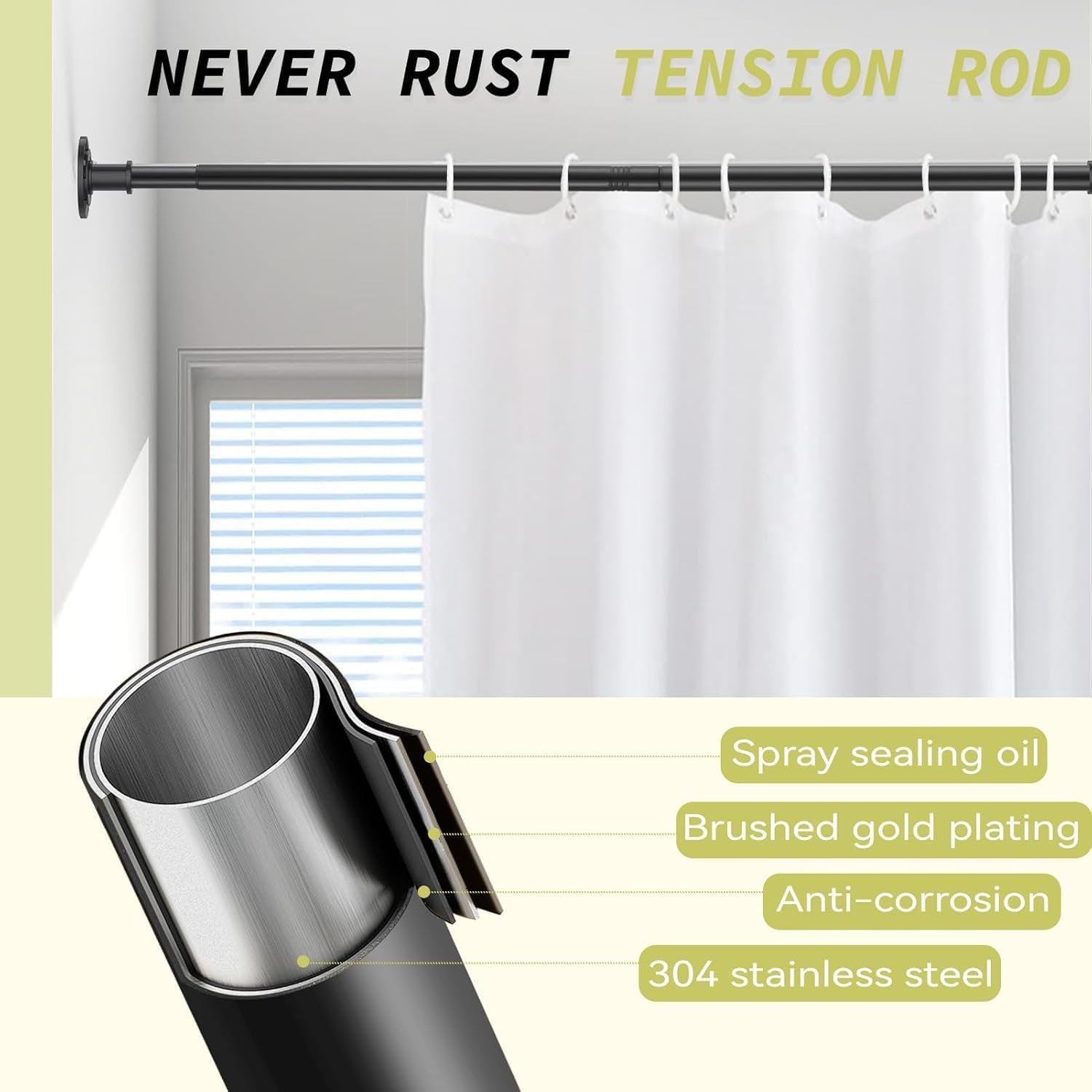 Tension Curtain Rod 31 to 124 in Extra Long Curtain Rod Spring Adjustable Heavy Duty Matte Black Shower Curtain Rod for Bathroom Windows Room Divider Never Rust