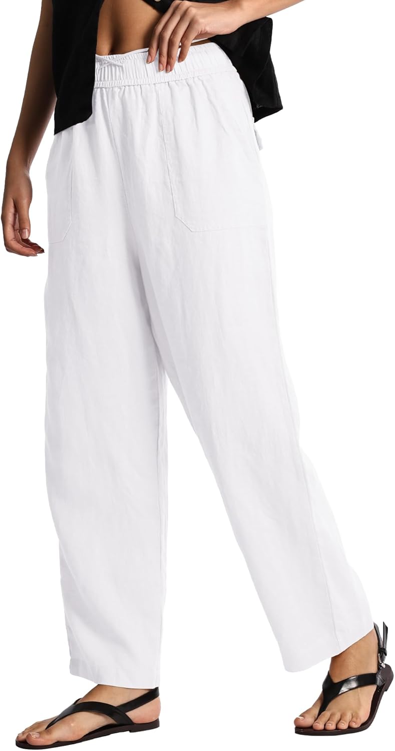 Women's Pure Linen Pants Mid Rise Drawstring Loose Fit Summer Trousers with Side Pockets - Image 2