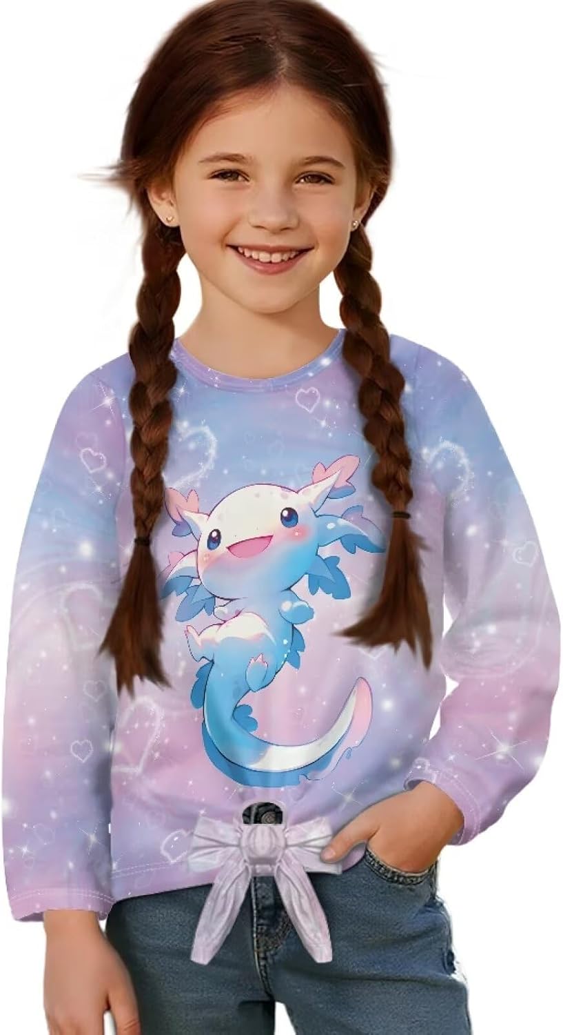 Girls Long Sleeve Shirts with Tie Hem Fall Casual Lightweight Tops Pullover Crewneck Kid Fit Blouses 5-12 Years