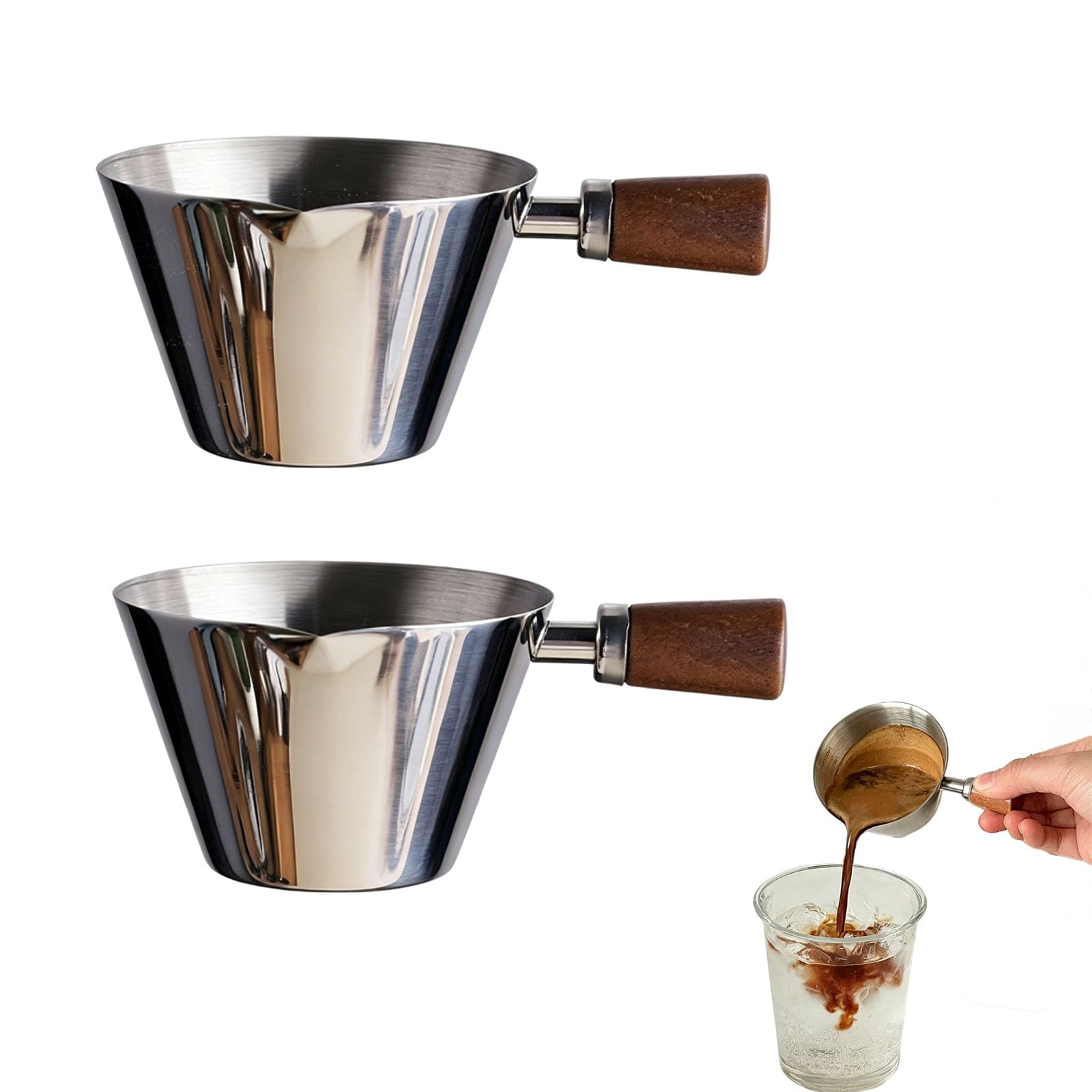 2 Stück Espresso Messbecher, mit Holzgriff und Abgestufter Skala (Silver) | 100 Ml Messbecher Kaffee Edelstahl, Mit v-Förmigem Ausguss Genaue Flüssigkeitsportionskontrolle Kaffee, Desserts, Cocktails