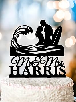 Surfing Wedding Cake Topper, Beach Couple Silhouette, Bride And Groom Surfer Celebration, Tropical Wedding Keepsake, Personalized Party Decoration, Mr and Mrs Sign, Unique Gifts