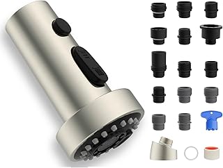 Universal Kitchen Faucet Head Replacement with 15 Adapter Kit Compatible with American Standard/Kohler/Moen/Delta, 3 Function Pull Down Sink Faucet Spray Head, Brushed Nickel