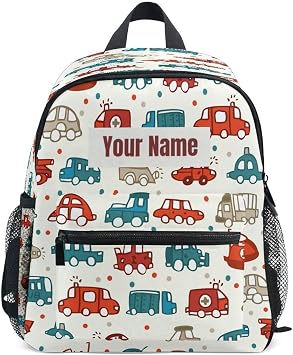 Custom Kids Toddler Mini Backpack for Girls Boys Car Pattern Personalised Children's Backpacks Cute Vehicle School Bag with Child Name/Text Multi