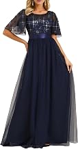 Ever-Pretty Women's Elegant Crew Neck Sequin Ruffle Sleeve Empire Waist A-Line Long Formal Evening Dresses