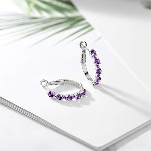 Miniatura 4 de Gem Stone King Aretes de aro redondos de plata de ley 925 con amatista morada y morado para mujer (1.32 quilates, piedra natal de piedras preciosas,