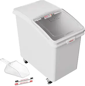 GATBO 33 Gal Commercial Mobile Ingredient Bin with Scoop, Heavy Duty Food Storage Container with Clear Sliding Lid for Flour, Rice, Sugar & Bulk Dry Ingredients, Lockable Wheels, FIFO Label