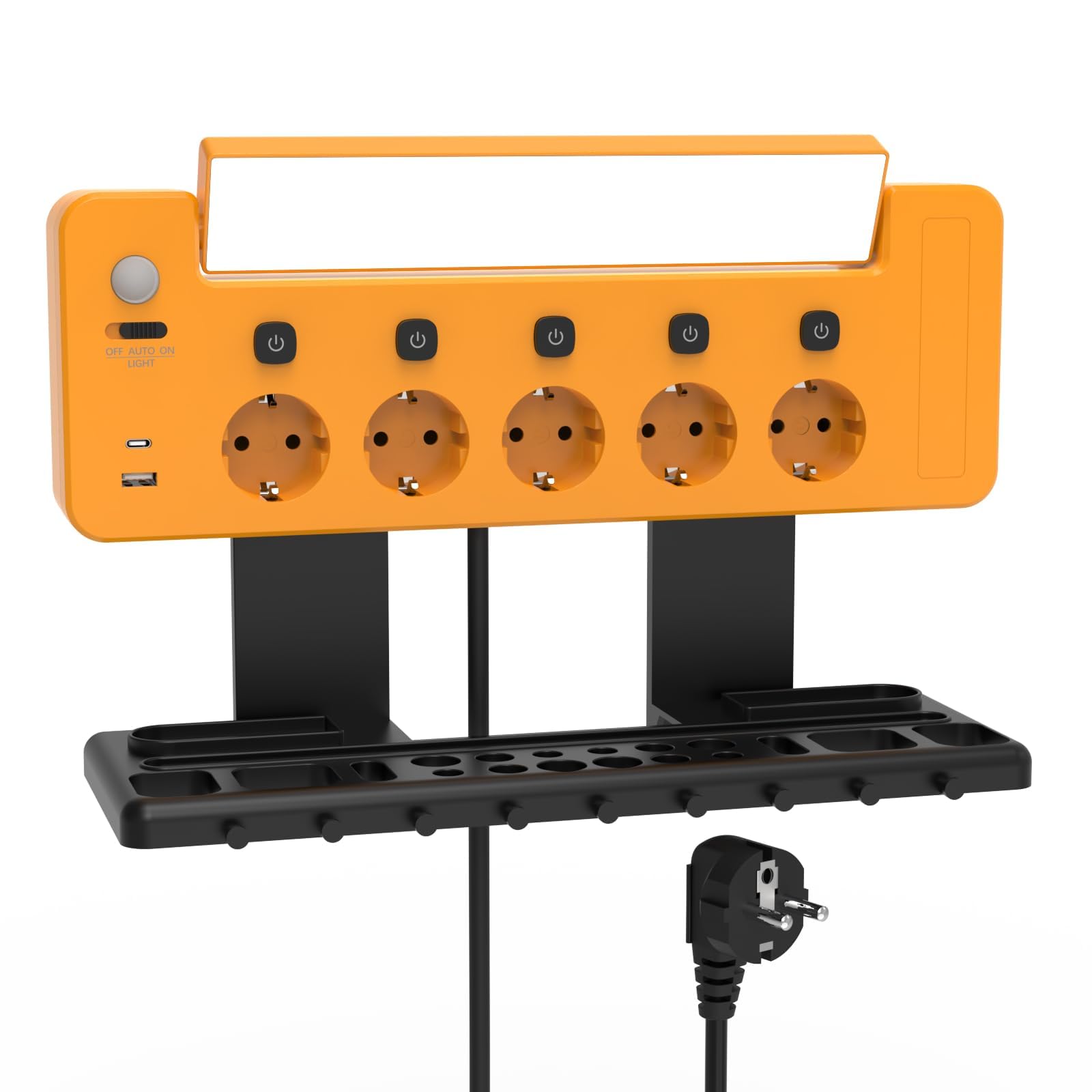 Ciabatta Multipresa Elettrica da Parete con Luce di Lavoro a LED, 5 Prese 3680W 16A e Interruttore Indipendente, USB A e Type C 5V 2,4A Porte di Ricarica, Portautensili di Cacciavite