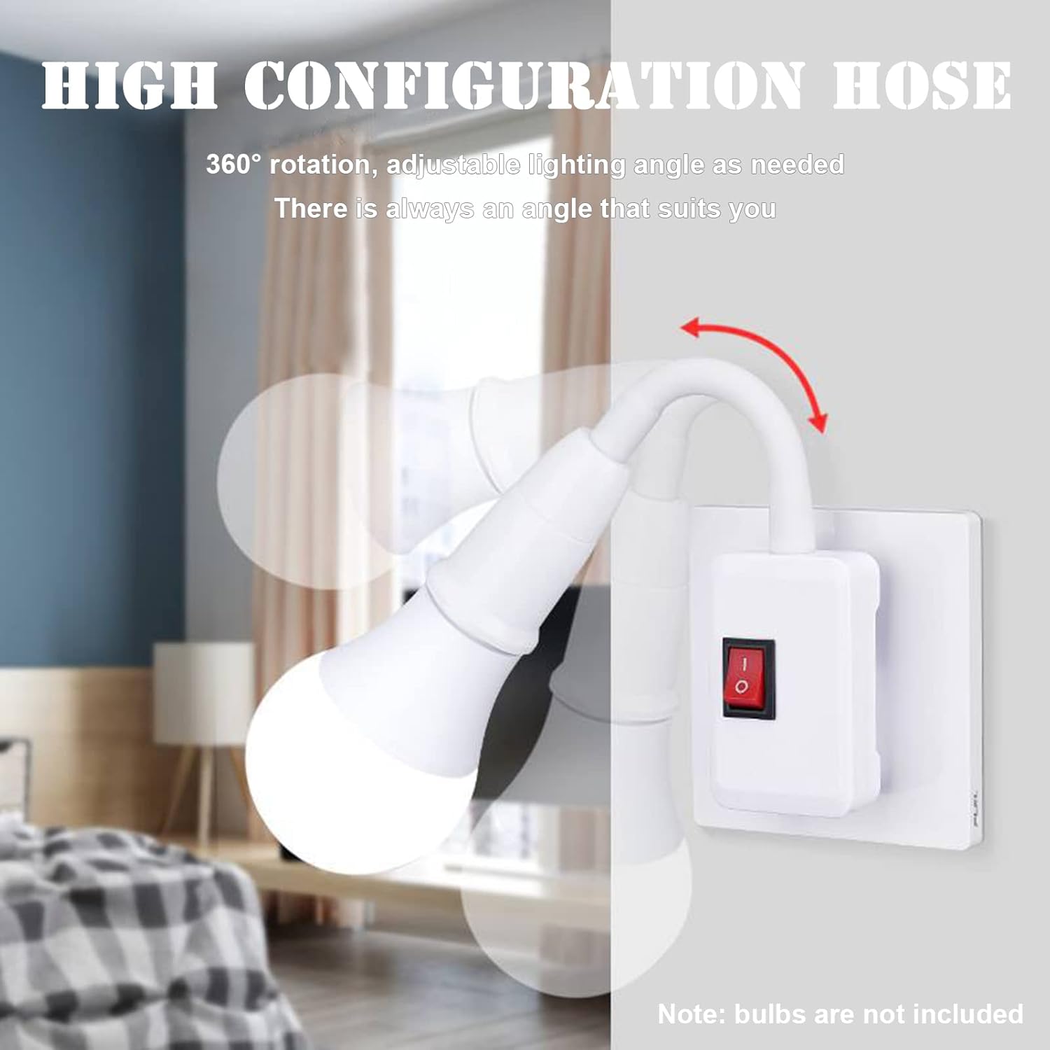 2 Pack E26/E27 Plug in Light Socket 360° Flexible Rotatable LED Light Bulb Extension Socket Adapter with Switch for Indoor White (No Bulb)