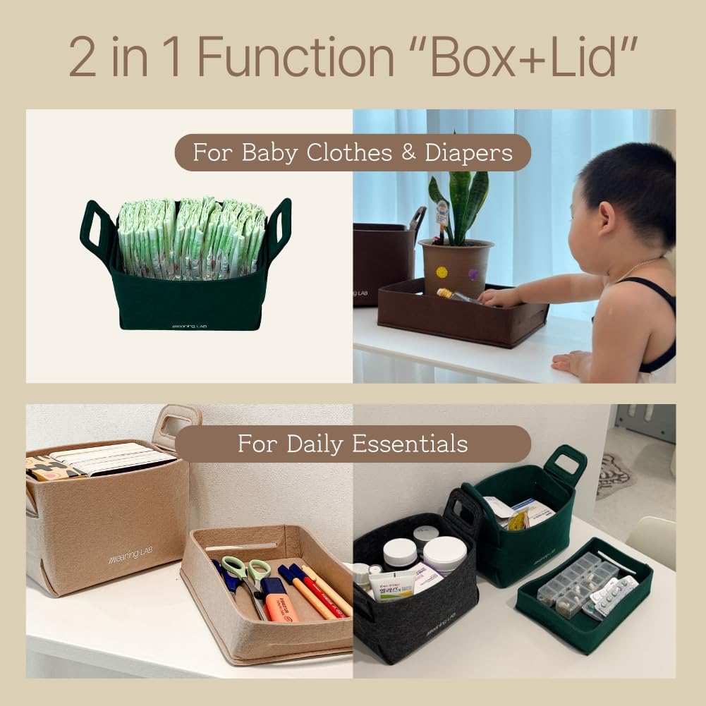meaningLAB 3 Assorted Sizes Collapsible Felt Storage Box - 2in1 Function with Lid - Versatile Felt Storage Bins for Closet, Cube Organizer, Makeup & Basket (Brown)