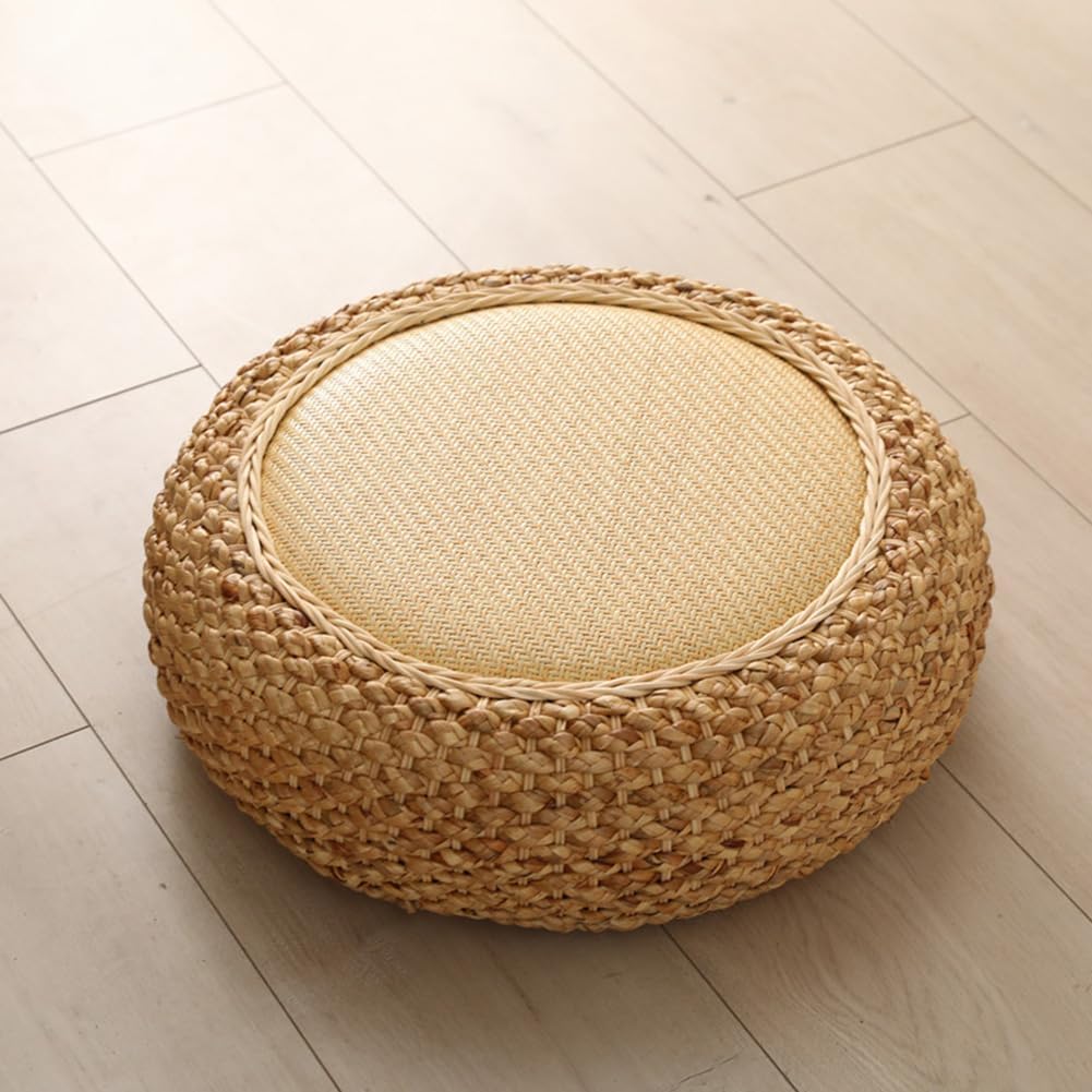 Srutirbo Japanese Floor Pillow, Tatami Meditation Cushion with Rattan Woven Breathable Design, Round Floor Seat for Adults - Ideal for Yoga, Bedroom, Balcony and Tea Room Sitting (Khaki, 15.7inch)