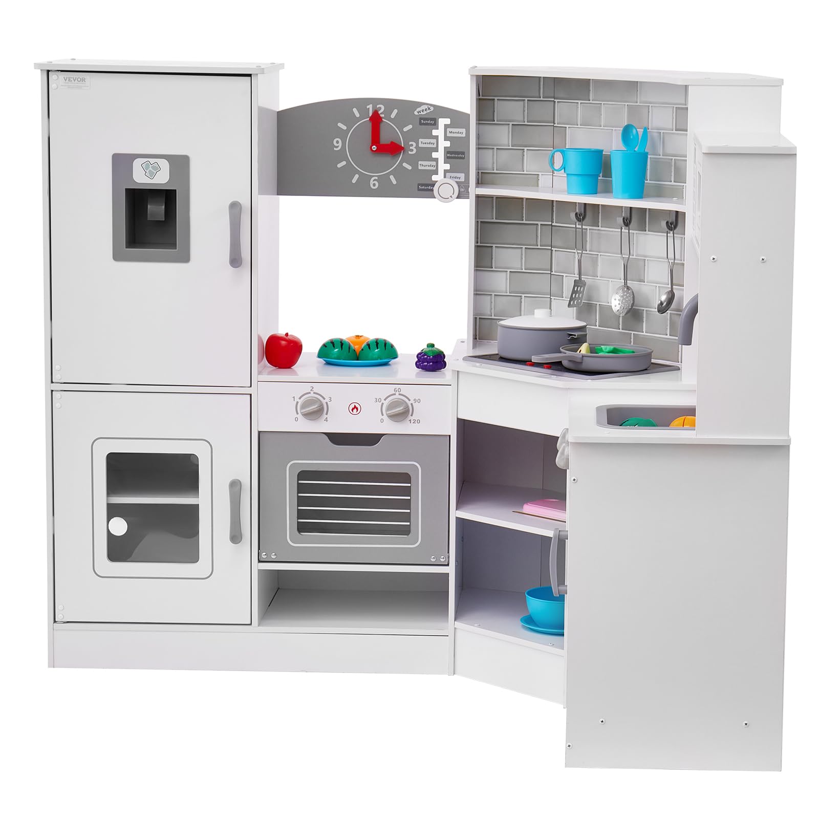 VEVOR Cuisine pour Enfants, Ensemble Cuisine d'angle en Bois, Lumières, Sons, Machine à Glaçons, Four, Évier, Horloge, Micro-Ondes, Réfrigérateur, pour Tout-Petits, Enfants d'Âge Préscolaire, Blanc