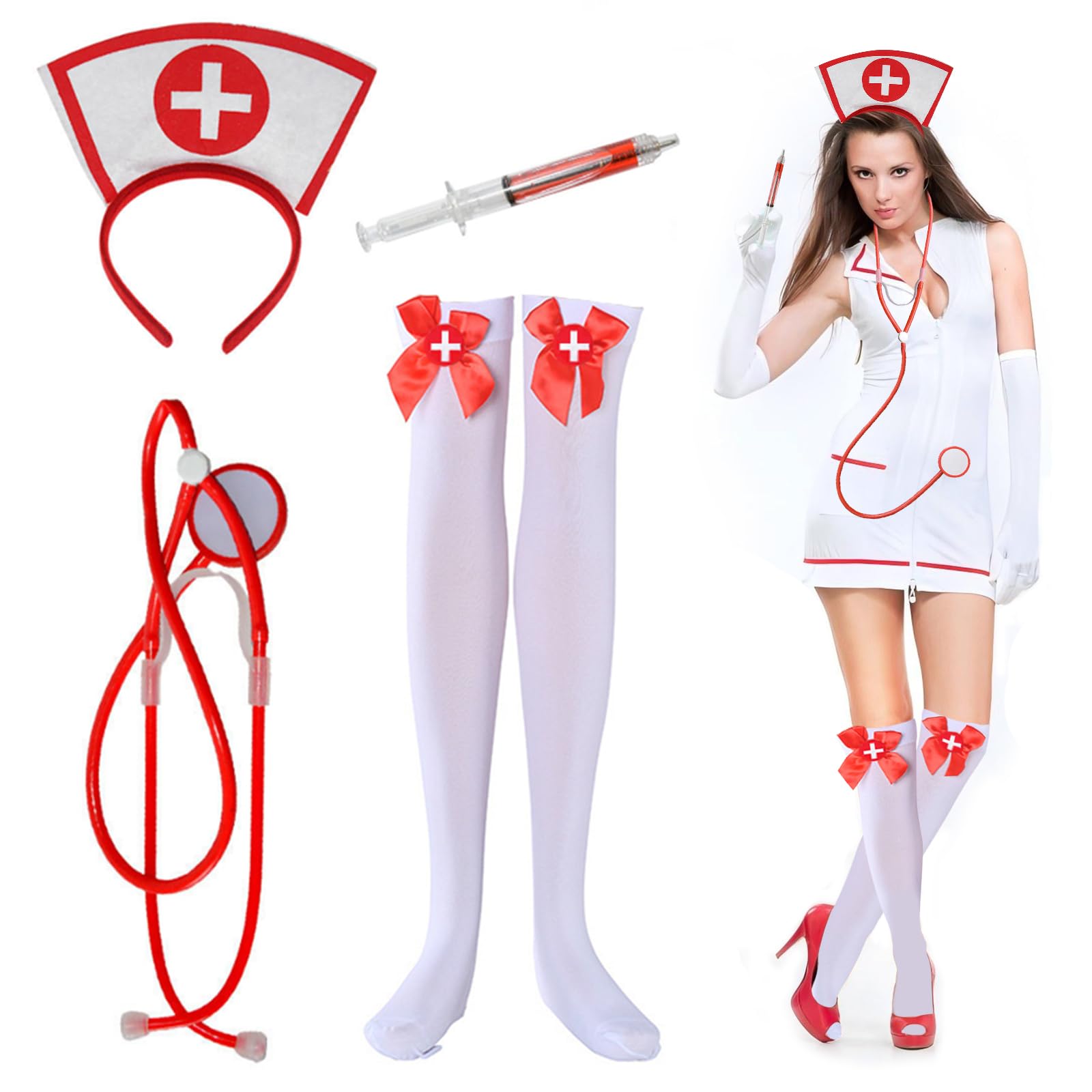 Alwodici4Pcs Sexy Nurse Set with Headband Stethoscope Garter and Syringe Pen Naughty Ladies Cosplay Nurse Uniform Halloween Roleplay Adult Doctor's Helper Carnival Cosplay Outfit