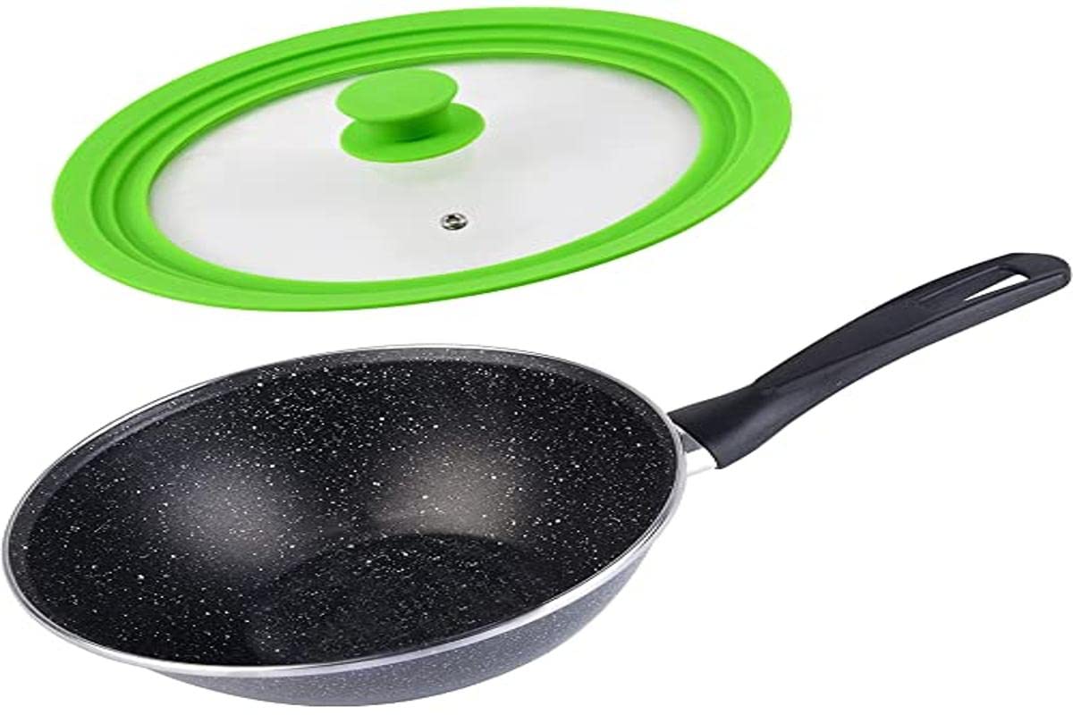 Magefesa K2 Gransasso Wok 28 cm and Glass Lid with Silicone Suitable for 20, 24 and 26 cm Pans, Vitrified Enamelled Steel, Induction and Dishwasher Safe, Grey
