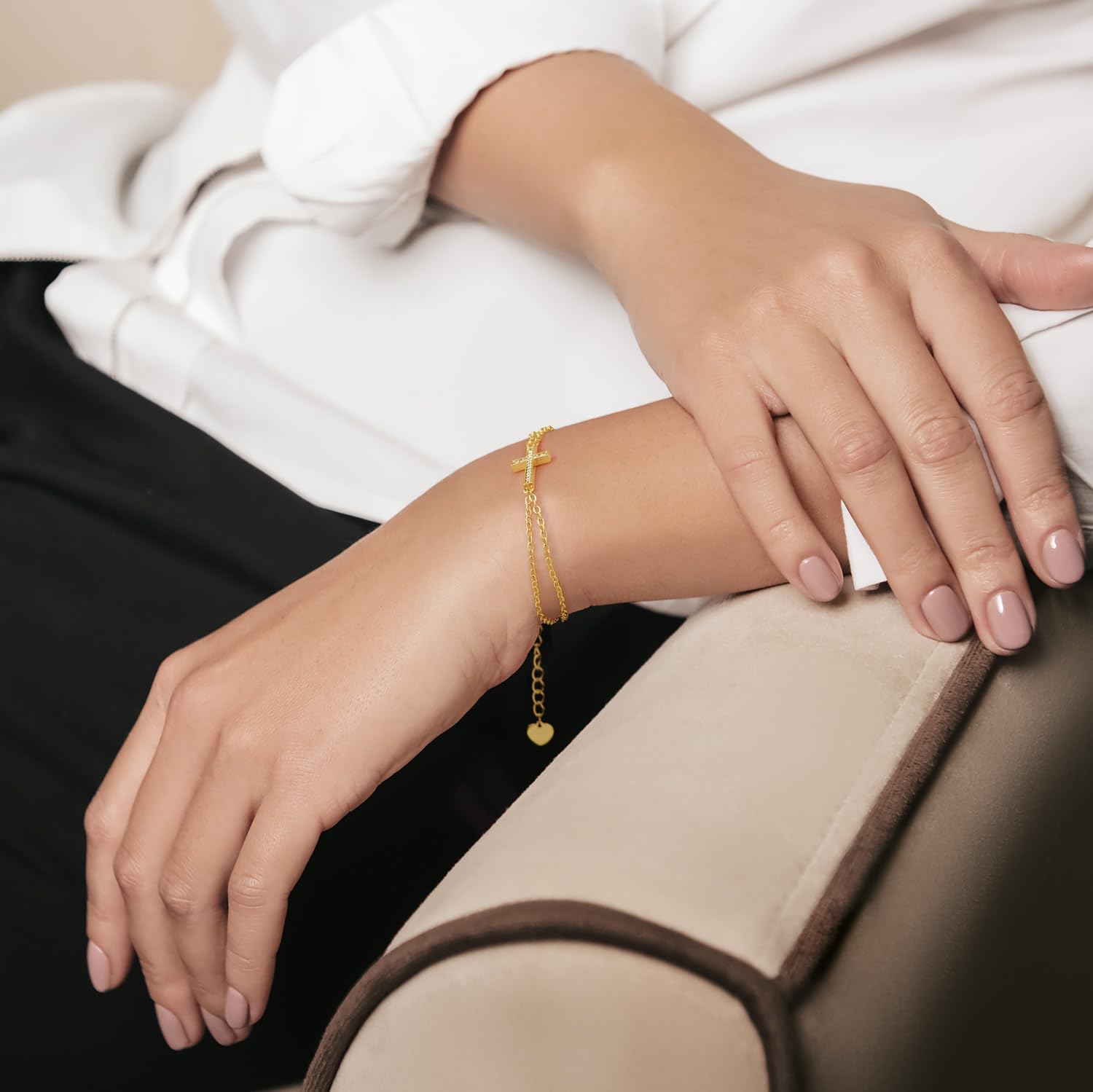 Gold Bracelets For Women 14K Gold Bracelet For Women Layered Bracelet For Womens Elegant And Shiny with Cubic Zirconia Cross Bracelets For Womens Adjustable Size 7in-8.6in