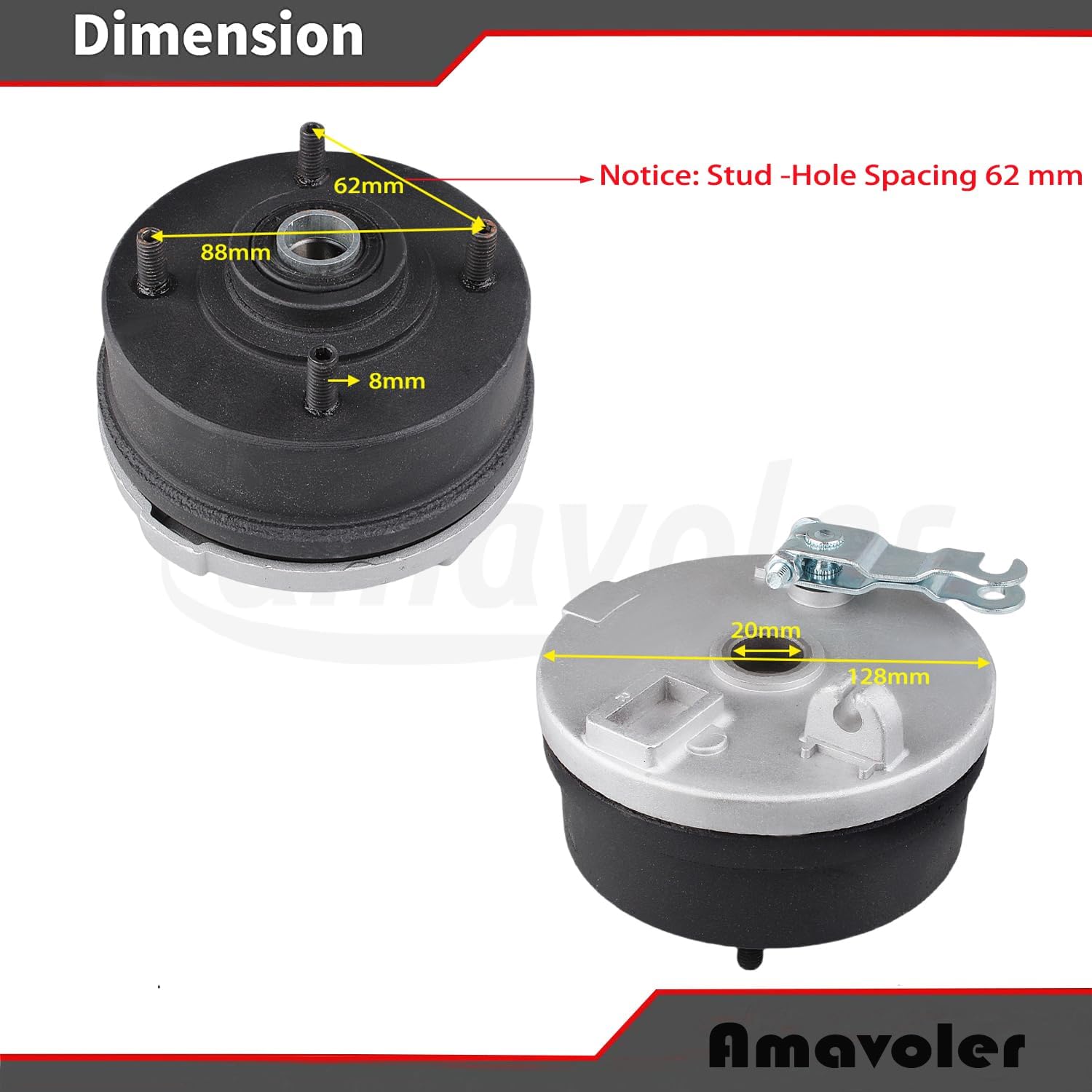 Condition photo showing New/Like New for front drum brake wheel hub with 4 stud -hole spacing 62mm shoes 8" rim fit for 110cc- 250cc atv taoao quad,new cheetah tforce ata 125e 125f1 etc,fit on tire 19x7-8.(right)