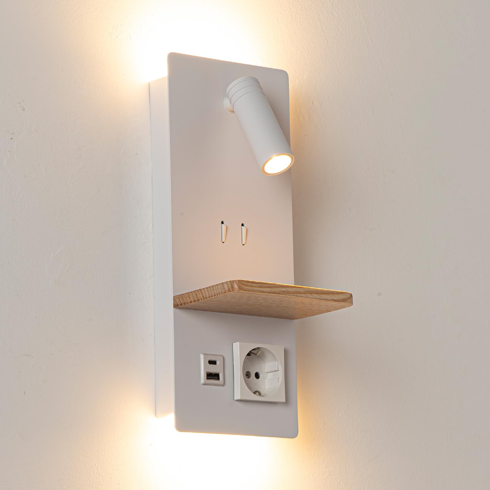 Alpinaluz Wandleuchte mit schwenkbarem LED-Leselicht, 3 W, Umgebungslicht, 6 W (2800 K), Ladeanschlüssen USB-C & USB-A, Schuko-Stecker und Holzablage für Schlafzimmer und Kopfteil