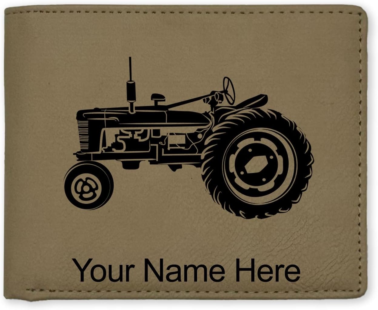 LaserGram Faux Leather Bi-Fold Wallet, Old Farm Tractor, Personalized Engraving Included (Dark Brown)