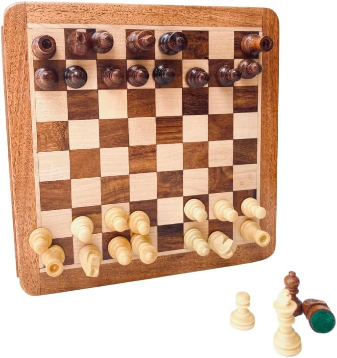 Wooden Chess and Checkers Board Game Set, Deluxe Wood Board with Storage Box, Classic (7 inch, Brown and Beige)