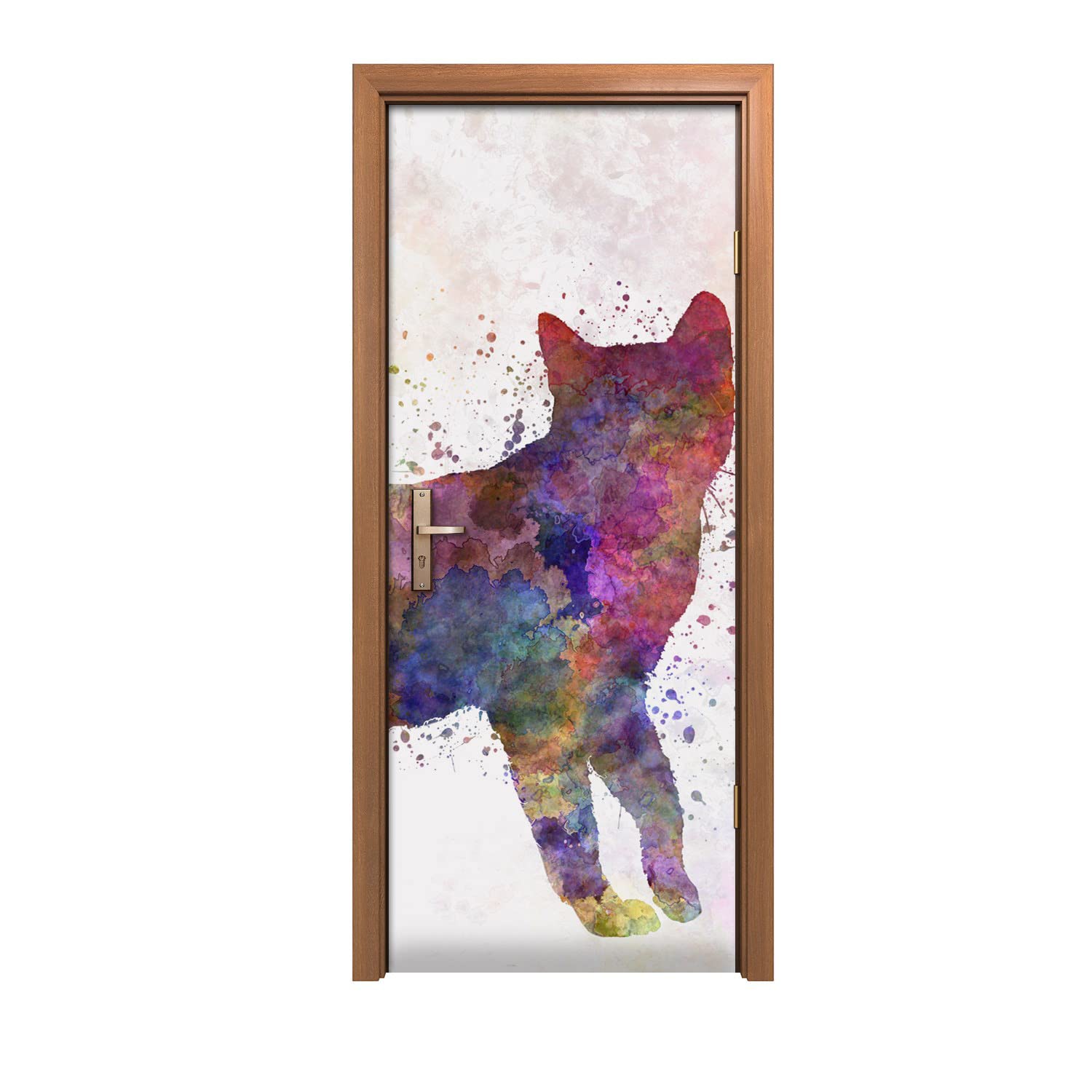 Autocollant de porte motif chat poster mural adhésif trompe l'oeil 80x200cm