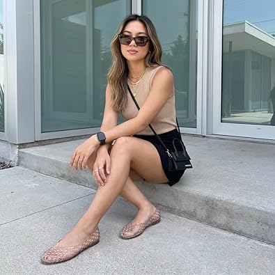 CUSHIONAIRE Siesta Modern Lattice Ballet Flats for Women, Comfortable Slip On Pointed Toe Womens Jelly Shoes