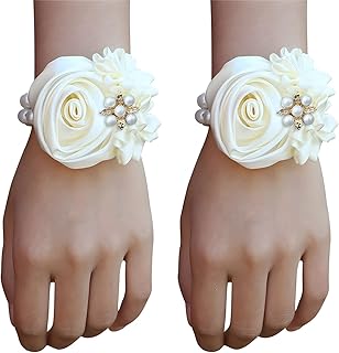 Satin Rose Bridal Wrist Corsage 2pcs Set Hand Flower for Wedding Bride Bridesmaid Mother Sisters Wristband for Prom, Homecoming, Quinceanera, Tea Party, Bridal Shower, Formal Dinner, Ivory
