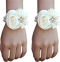 Satin Rose Bridal Wrist Corsage 2pcs Set Hand Flower for Wedding Bride Bridesmaid Mother Sisters Wristband for Prom, Homecoming, Quinceanera, Tea Party, Bridal Shower, Formal Dinner, Blue (Ivory Wris