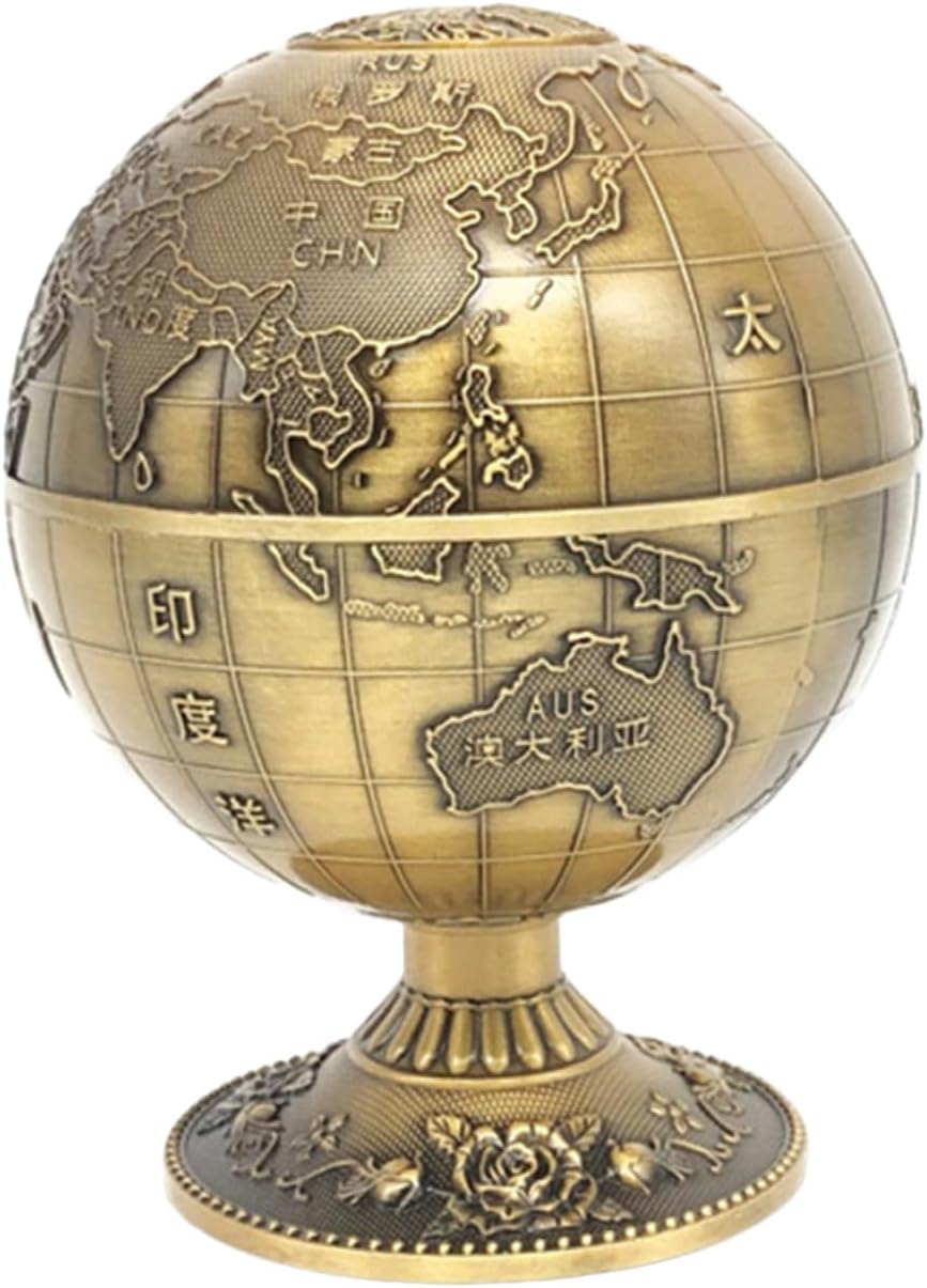 FOMIYES Vintage Press-type Toothpick Holder Map Pattern, 360° Rotating Bronze Toothpick Dispenser Sphere for Household Kitchen and Dining Use