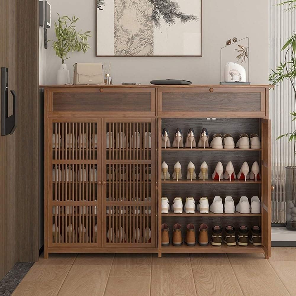Zapatero Grande 35cm de Fondo para Zapatos Talla Grande, Mueble de Bambú con Cajón Oculto y Estantes Ajustables, Armario Recibidor para Botas, Puertas de Rejilla, 130x35x100cm