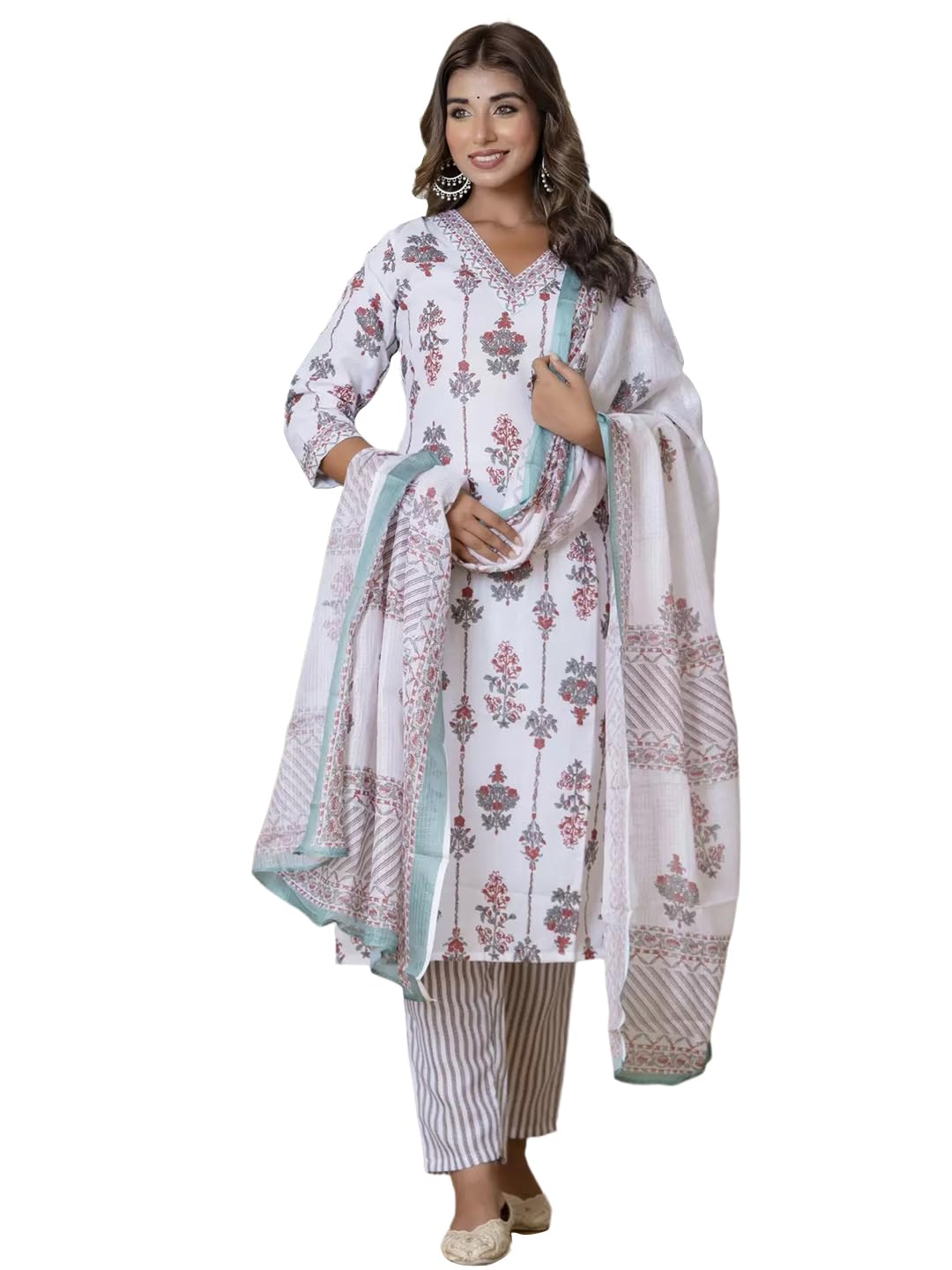 Tee Projekt Women's Cotton Blend V Neck Printed Straight Kurta Pant With Dupatta Set Off White