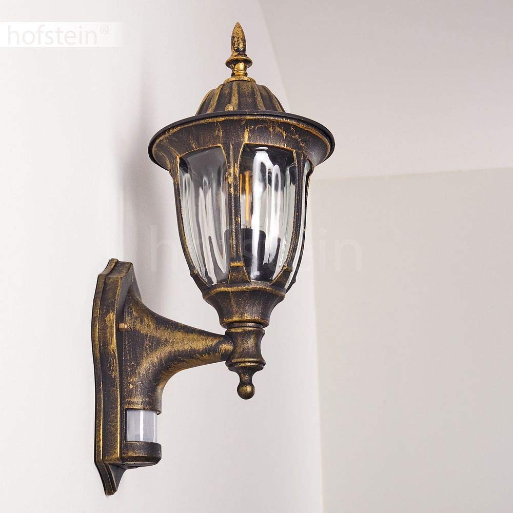 Lampada da parete per esterni Ribadeo, rilevatore di movimento, lampada verso l'alto in stile antico, alluminio fuso in marrone/oro, vetri, per terrazza/giardino, E27, retro/vintage, senza lampadina/e