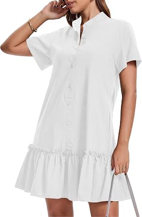 Womens 2026 Summer Casual Shirt Dress Short Sleeve Button Down Shift Mini Dresses with Pockets