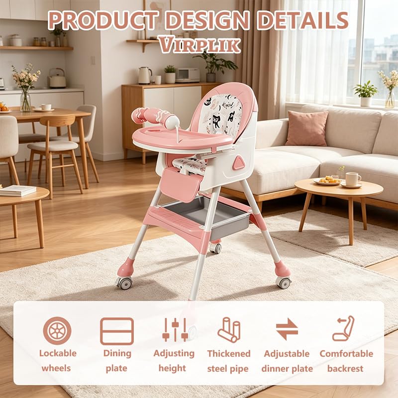 4-in-1 Foldable Baby High Chair for Babies & Toddlers, Adjustable High Chair with Removable Double Tray, Detachable PU Seat Cushion, Locking Wheels, Easy to Clean,Pink thumbnail