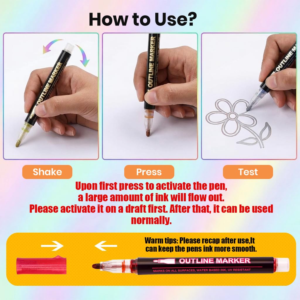 ZIBUYU 12 Count Dual Line Outline Markers Metallic Glitter Colour