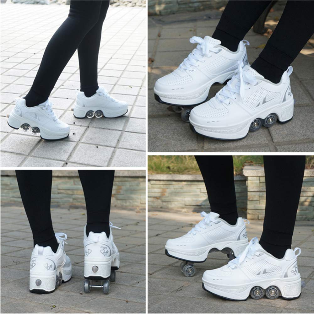 Rollschuh Roller Skates Lauflernschuhe, Sneakers, 2 In 1 Mehrzweckschuhe Schuhe Mit Rollen Skateboardschuhe,Inline-Skate,Verstellbare Quad-Rollschuh Stiefel