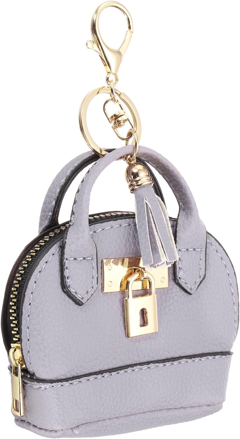 PATIKIL Mini Tote Bag Keychain, Cute Coin Purse Keychain PU Leather Backpack Purse Key Chain Little Cosmetic Bag Keychains for Women Makeup Card Data Cable, Purple